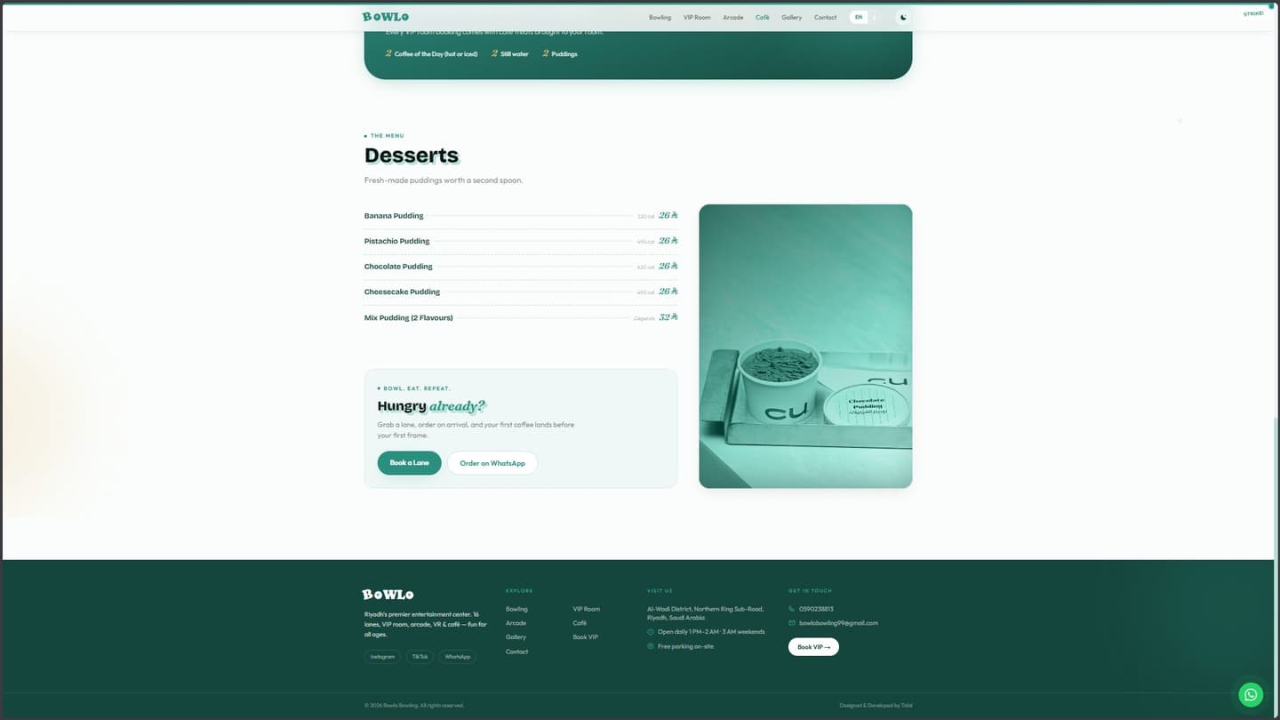 Bowlo — Bowling & Arcade Entertainment Platform — Café — menu